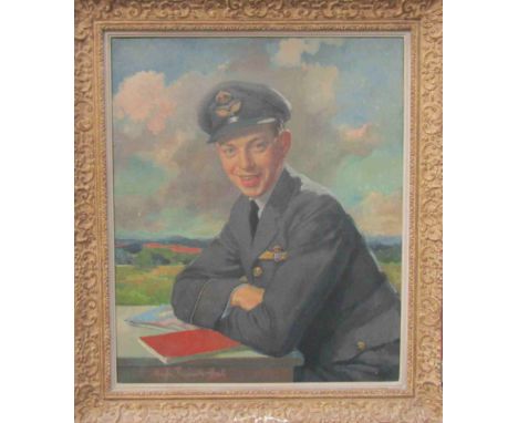 HUGH RUSSELL-HALL (1905-1984): An oil on canvas portrait of an RAF Officer, 75cm x 62cm, ornate gilt frame