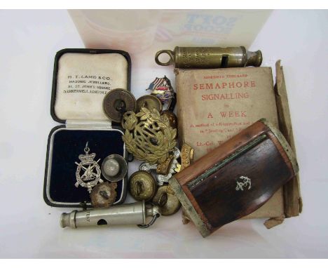 A quantity of mixed militaria collectibles including anchor inlaid snuff box, Semaphore Signalling booklet and buttons etc