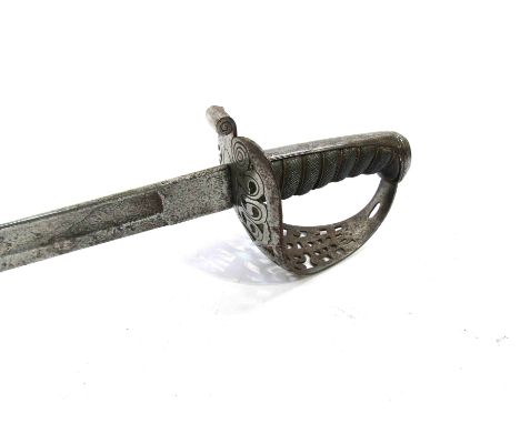 A late Victorian officer's sword, the pierced steel guard with shagreen grip, engraved slightly curved blade by Wilkinson (fa