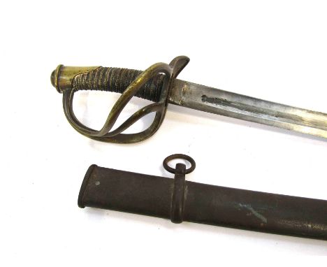 A 19th Century brass hilted officer's sword with curved blade, three bar guard and wired leather grip, with scabbard