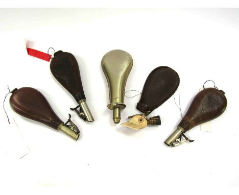 A quantity of leather shot flasks and a powder flask, one a/f (5)