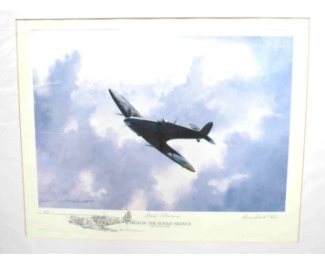 A limited edition print after Michael Rondot,"High in the Sunlit Silence" depicting Spitfire in flight, sketch of Spitfire to