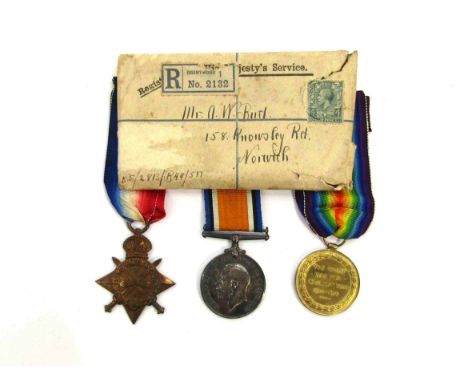 A WWI 1914-15 medal trio named to 2813 CPL. A.W. BIRD NORF. R. (and L.CPL to star), together with issue packet