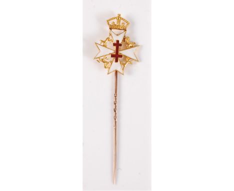 An 18ct stick pin for the Order of St John of Jerusalem: the white enamel Maltese cross with central red Cross of Lorraine an