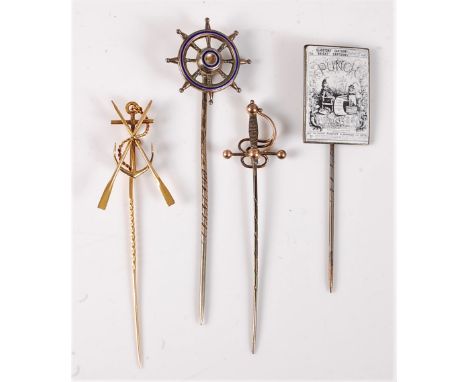 Four stick pins: an anchor and oars stick pin, (unmarked, tests as approx. 14ct gold or better), 24mm wide, (3g); a blue enam