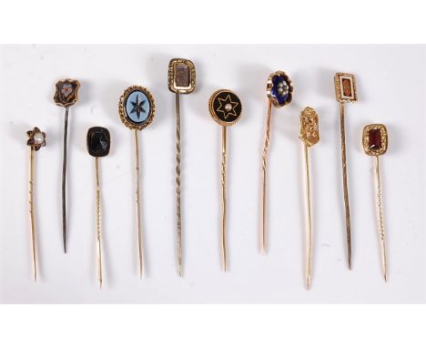 Ten various stick pins: to include garnet, diamond, seed pearl, enamel, and agate, (14.6g gross), (10)