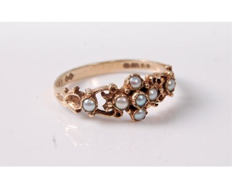 A 19th century style seed pearl ring, set with seed pearls, with split tapered shoulders hallmarked for 9ct gold, London 1978