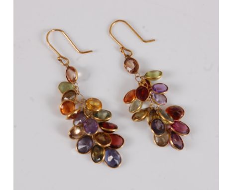 A pair of multi gemset earrings, set with collet set gemstones to include citrine, amethyst, garnet, peridot, zircon etc, all