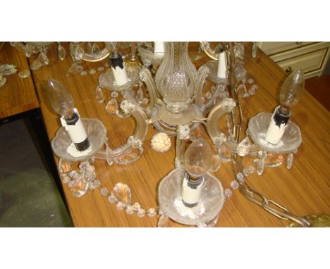 3 x glass chandeliers and 2x brass chandeliers & one other wall light fitment