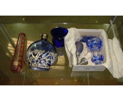 Late 19th century ruby and clear glass scent bottle (A/F), Bristol blue glass eye bath, vintage blue and clear glass atomiser