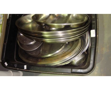 Stainless steel kitchen serving dishes, hanging wall plates, 2 x glass ceiling light bowls, & lawn scarifier cassette