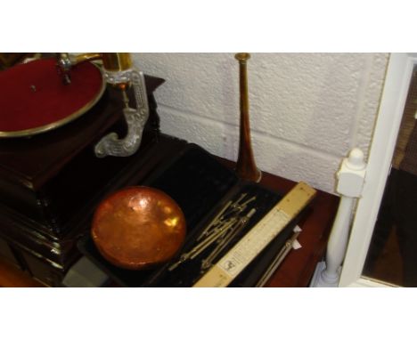 Vintage copper hunting horn, bowl & draughtsman set
