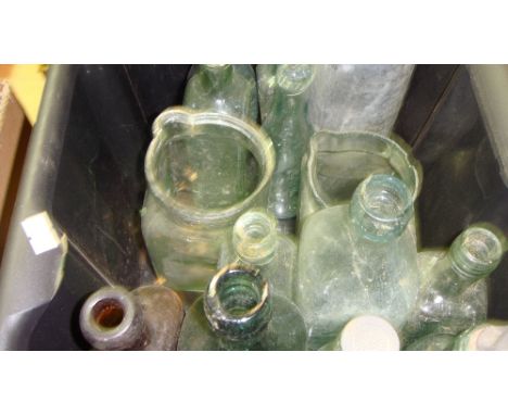 Box of antique and vintage bottles some advertising including Weymouth Soda, Warner's Safe Cure