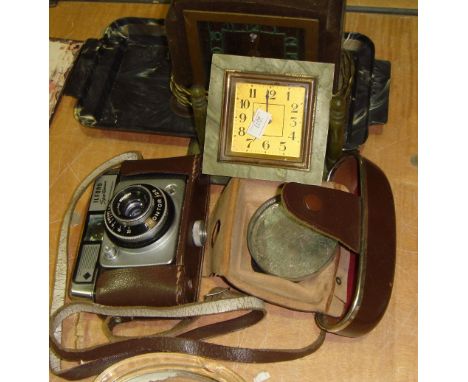 2 x vintage bakelite clocks, Ilford camera and advertising ashtray