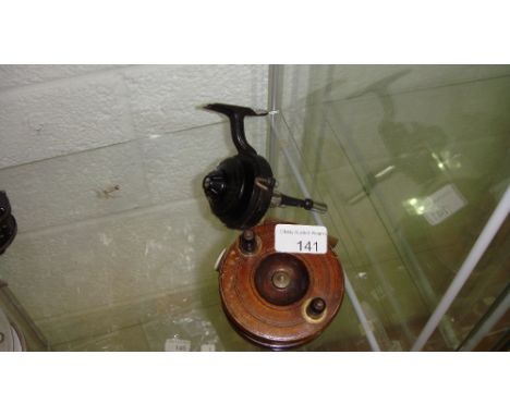 Vintage Allcock Kastlite thread line spinning reel with bakelite cone drum & vintage wood and brass trout fishing reel