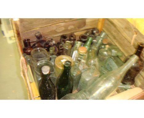 Crate of antique and vintage glass bottles some advertising included Chelmsford Brewery etc.