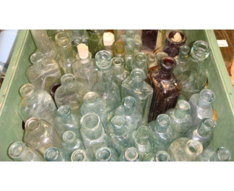 Box of antique and vintage bottle some advertising including Creolin, flat bottom torpedo bottle by J Webb & Co Islington Gre