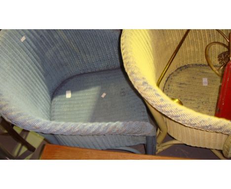 2 x vintage painted Lloyd Loom chairs and laundry basket & hanging lamps