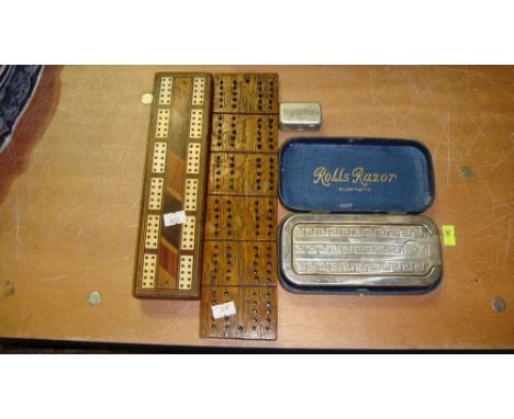 Vintage Rolls Razor, autoclips, cribbage board, purses, pencil case  etc.