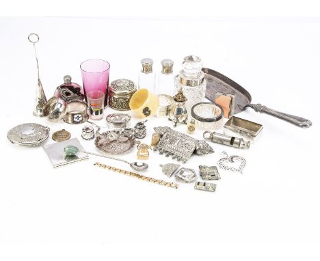A mixed lot of silver plated items and more, including some small silver mounted items such as a button hook and scent bottle