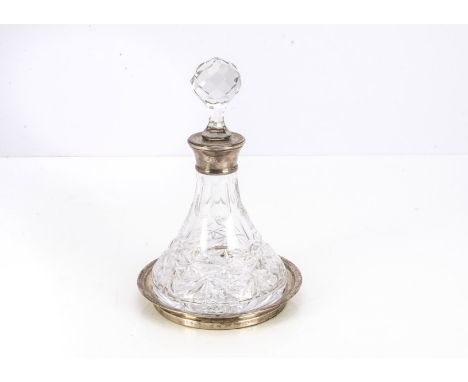 A modern cut glass and silver bachelor's decanter on stand, stopper possibly replaced 