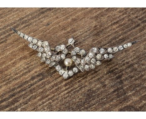 A continental sterling marked paste set wing and heart brooch, with simulated pearl centre, 6.2cm x 1.8cm, 9.8g 