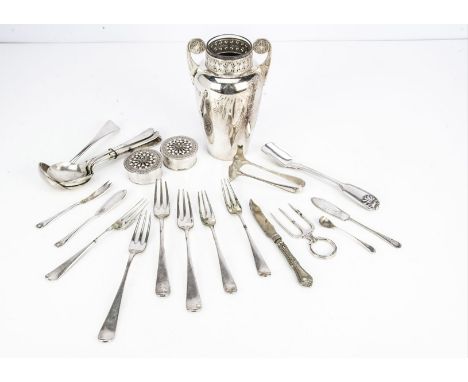 A small collection of silver plated cutlery and a WMF vase, including a pair of sardine tongs, two pomander style pots, and m