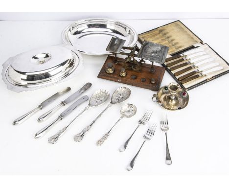 A small collection of silver plate and a set of Victorian postal scales, including a candlestick with applied glass beads, an