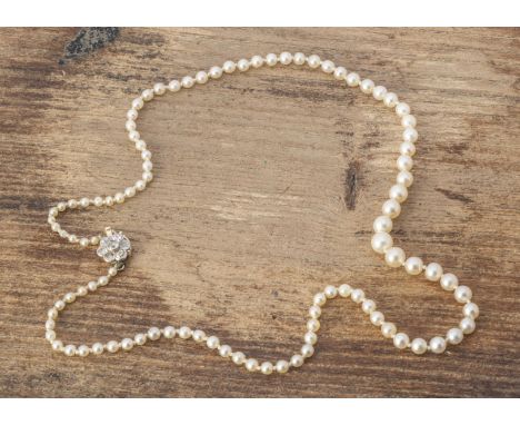 A certificated single strand natural saltwater graduated pearl necklace, knotted strung, with a daisy head diamond set clasp,