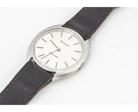 A modern Bulova Longchamp manual wind stainless steel wristwatch, 36mm, running, on leather strap 