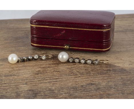 A pair of Edwardian pearl and diamond ear drops, the spherical drops supported on five old cut diamond chain links with hoop 