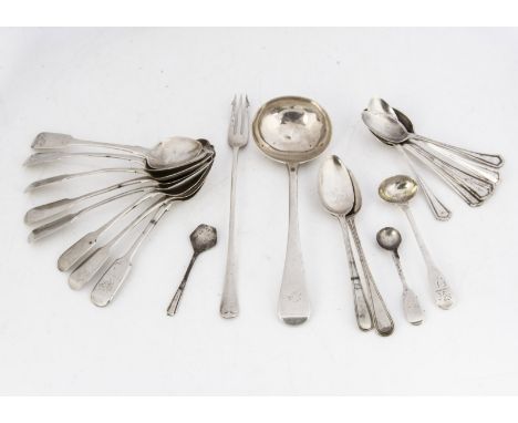 A collection of Victorian and later silver spoons, including a sauce ladle, a pickle fork and more, 11 ozt 