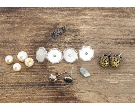 A collection of dress studs and earrings, including four 9ct gold octagonal mother of pearl and seed pearl dress studs and ot