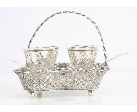 A good Victorian silver egg waiter by Henry Wilkinson &amp; Co, pierced quatrefoil shaped base with swing handle and four spi