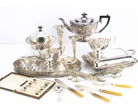 A collection of silver and silver plate, including a George V silver sugar bowl with Celtic design to rim, a pair of silver f