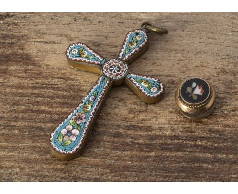 A pietra dura and yellow metal button, hardstone inlaid floral design together with a micro mosaic base metal cross pendant (