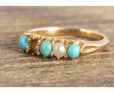 A yellow metal turquoise and seed pearl five stone ring, the gems in claw settings, one pearl missing, ring size E, 1.6g 