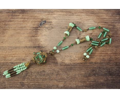 An Art Deco simulated jade and emerald, paste and base metal flapper necklace, with opaque glass batons and beads, alternatel