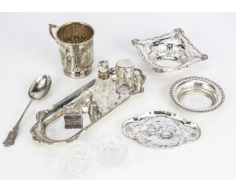 Six Victorian and later silver items and other small items, including a candle snuff stand, a pin dish, a bon bon dish, a Chr