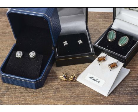 A collection of silver jewels and earrings, including synthetic opal drop earrings, a blue jasper pair of drop earrings, an a