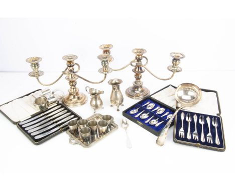 A collection of Victorian and 20th century silver and silver plate, including a cased set of six silver cake forks, a set of 