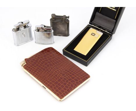 Four cigarette lighters, together with a Ronson cigarette case with integrated lighter, with a Win lighter in box, a Dunhill 