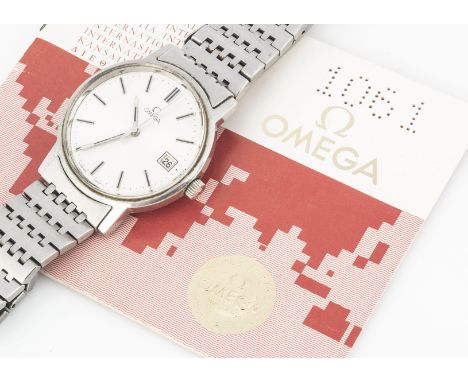 A 1980s Omega manual wind stainless steel wristwatch, 35mm, silvered dial with batons, requires tool 9070 to open, appears to