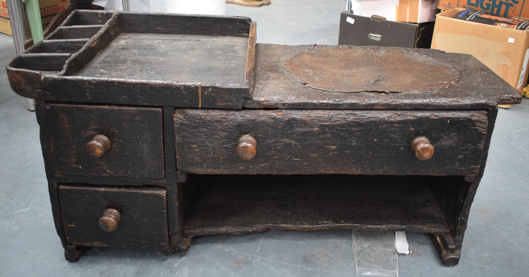 A RARE ANTIQUE COBBLERS BENCH, formed with two short and one long