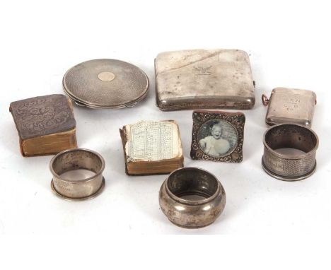 Mixed Lot: An Edward VII silver cigarette case of slight curved square form, the front engraved with a dove of peace and hall