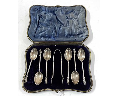 A cased set of six silver apostle teaspoons and tongs, London 1902, makers mark William Hutton &amp; Sons Ltd, silver weight 