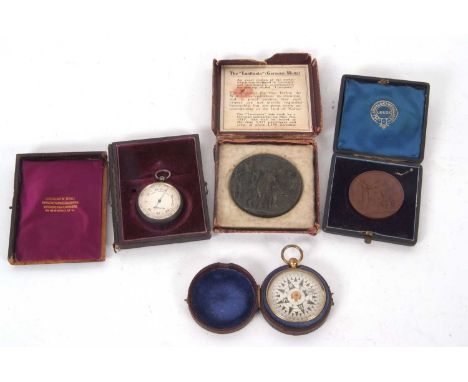 Mixed Lot: A Victorian gold plated marine compass in original blue and silk lined red leather case, 4cm diameter, small silve