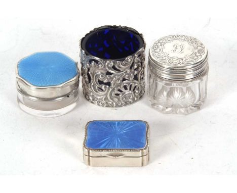 Mixed Lot: A white metal and enamelled top pill box of rectangular form, the lid with a light blue guilloche panel, the inter