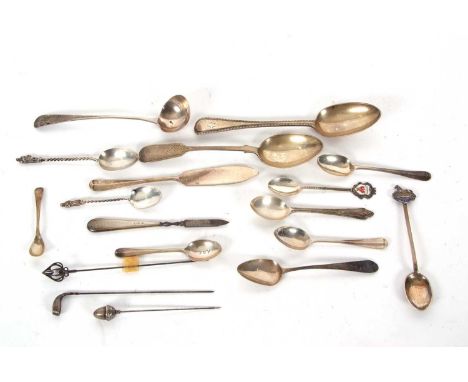 Mixed Lot:  Two Victorian dessert spoons, a Georgian long handle toddy ladle, eight silver teaspoons, a silver handled nail f