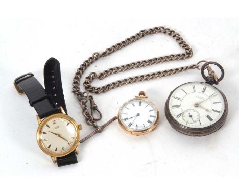 Mixed Lot: A gents Tissot wristwatch, a yellow metal pocket watch, a silver pocket watch and a silver chain, the yellow metal